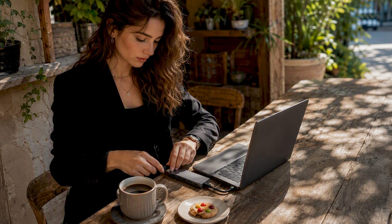 Eine Frau schließt draußen einen USB-C-Hub an ihren Laptop an.