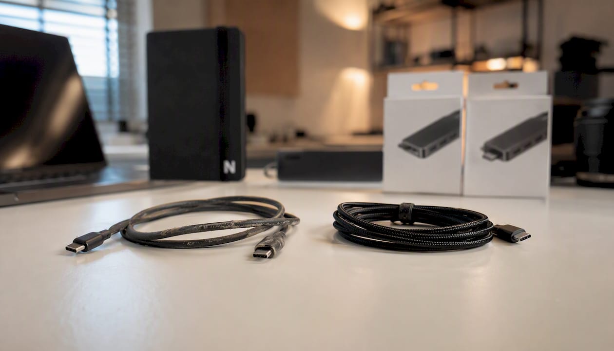 Zwei USB-C-Kabel im direkten Qualitätsvergleich nebeneinander gelegt