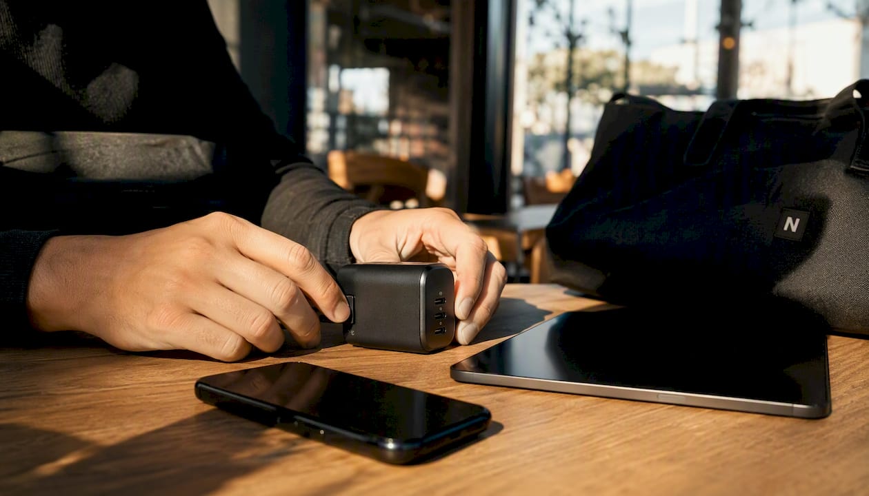Das USB-C Ladegerät wird griffbereit neben Smartphone und Tablet platziert.