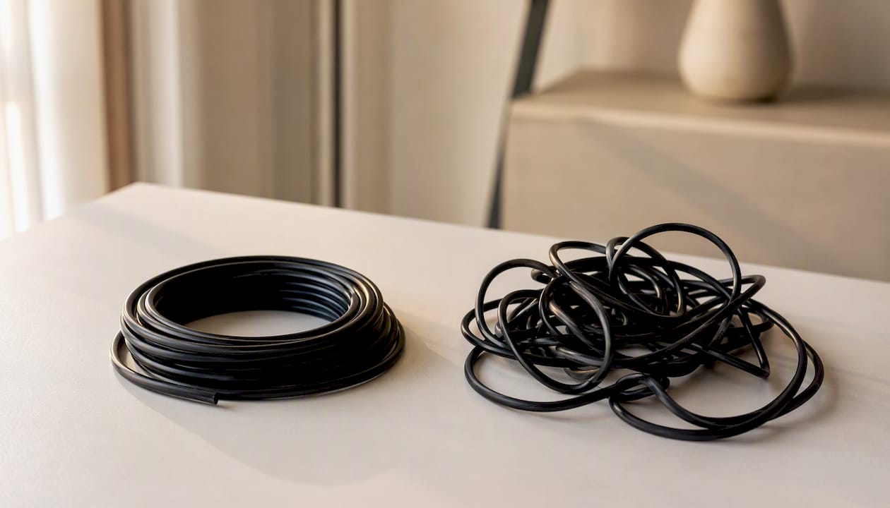 Ordentlich aufgewickeltes Kabel vs. völlig verknotetes Kabel