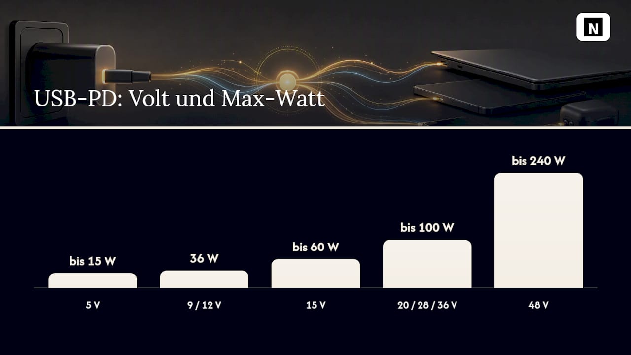 Übersichtsgrafik: Gegenüberstellung der Leistungsstufen von USB PD SPR und EPR