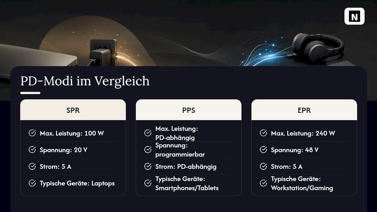 Vergleichsdiagramm der USB Power Delivery Standards