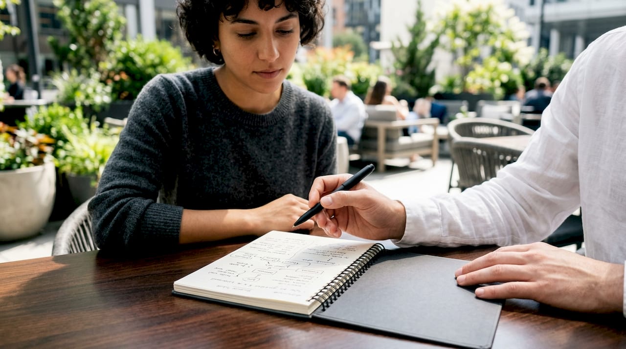 Hands taking notes on keyword research at café table