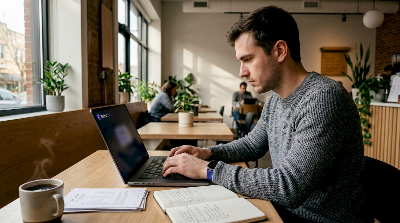 IT professional typing at desk with network diagrams
