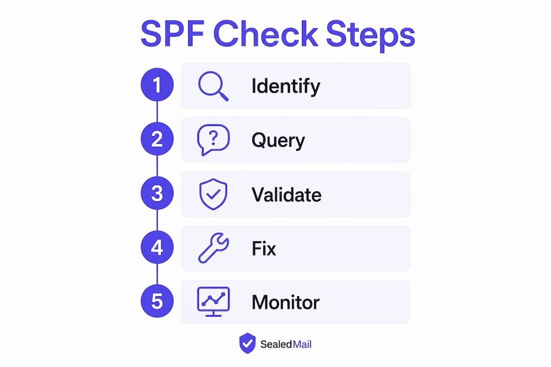 Infographic showing numbered steps to check SPF record
