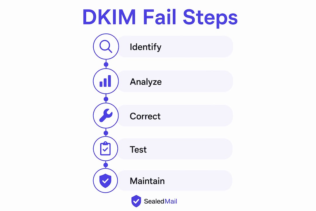 Infographic showing DKIM fail troubleshooting steps