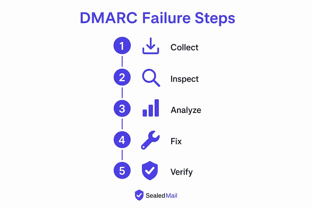 Infographic showing DMARC failure detection steps