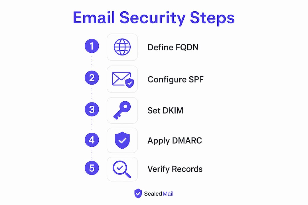 Infographic showing email security steps with FQDN