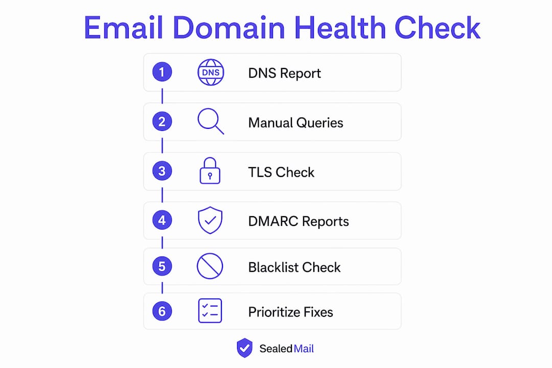 Infographic showing step-by-step email domain health check process