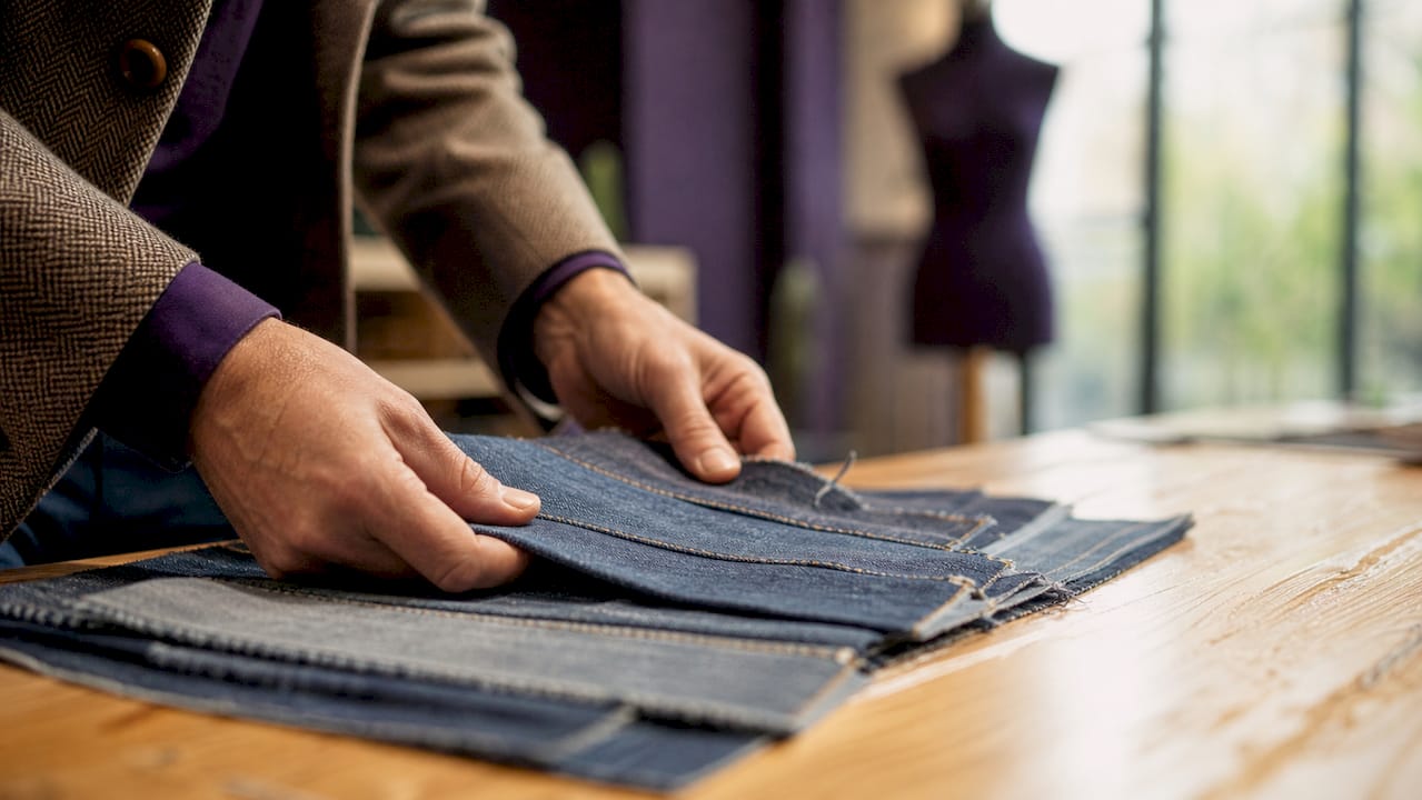 Mit geübten Händen wird edler italienischer Denimstoff auf seine Qualität geprüft.