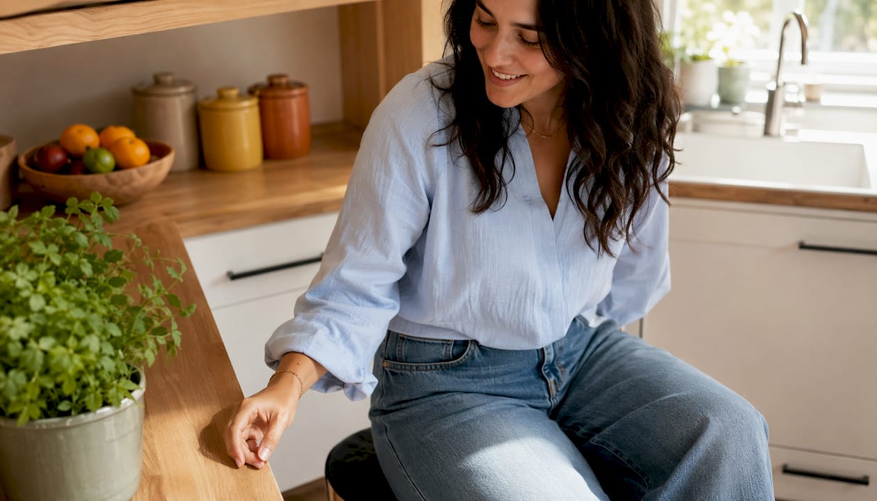 Vrouw geniet van een ontspannen moment in een paar vintage jeans van Madewell