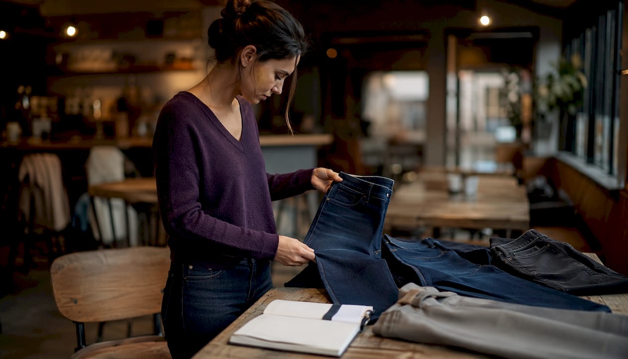 Mit den Händen wird der Stoff und die Elastizität einer Slim Fit Jeans getestet.