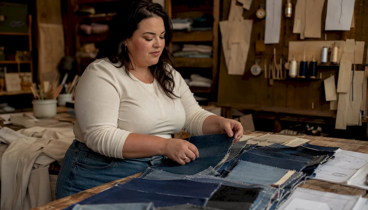 Een modeontwerper is bezig met het uitzoeken van denimstoffen die geschikt zijn voor kleine maten met een plus size pasvorm.
