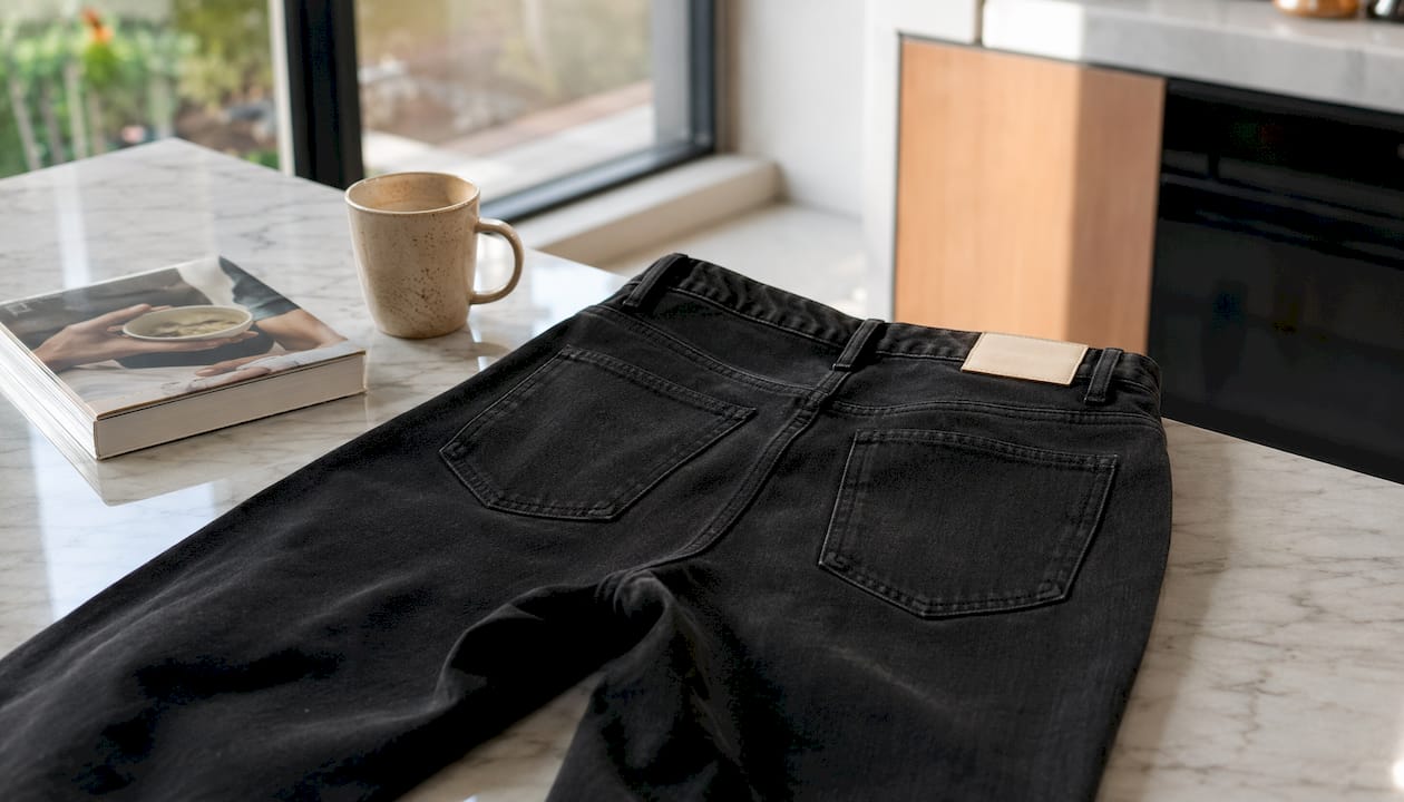 Gedetailleerde close-up van onze premium zwarte jeans met een flatterende pasvorm