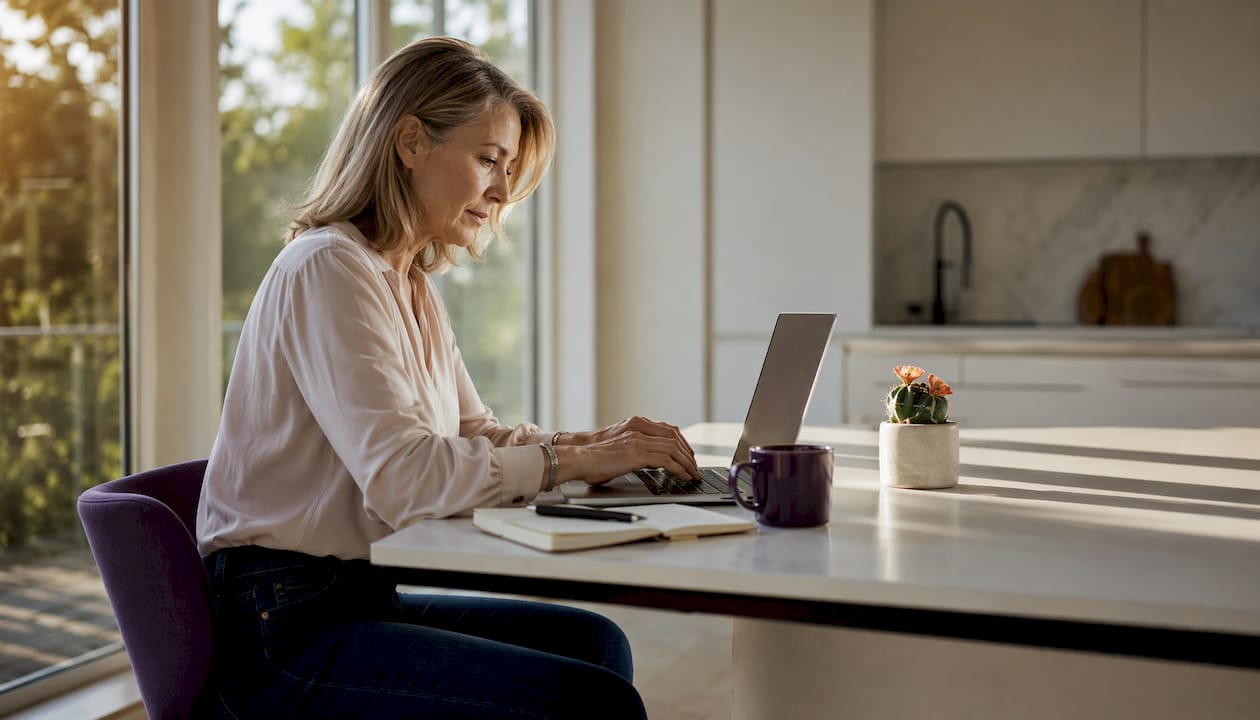 Eine Frau trägt Slim Fit Jeans und arbeitet im Büro.