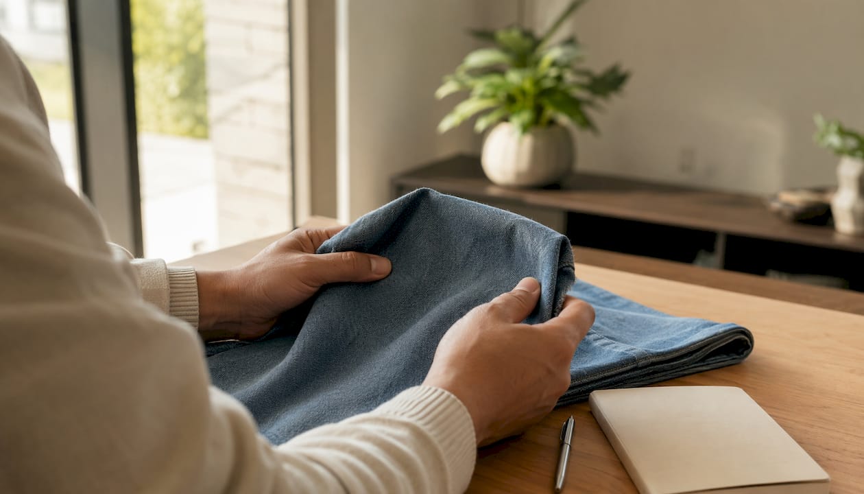 Detailopname van een hand op ademende denimstof