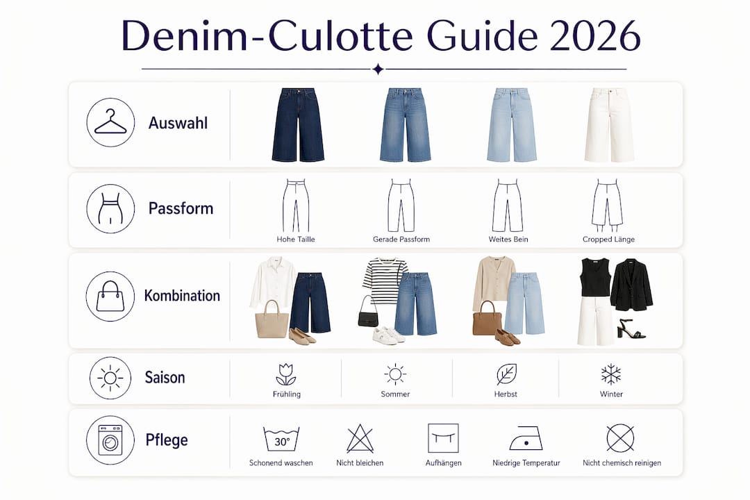 Übersichtliche Infografik: Tipps zum Kauf und Styling von Denim-Culottes auf einen Blick