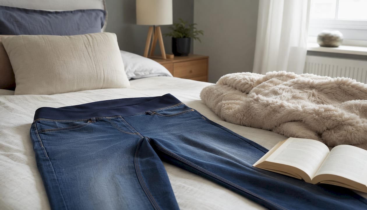 Detailfoto van een plus size spijkerbroek met een comfortabele, brede elastische band