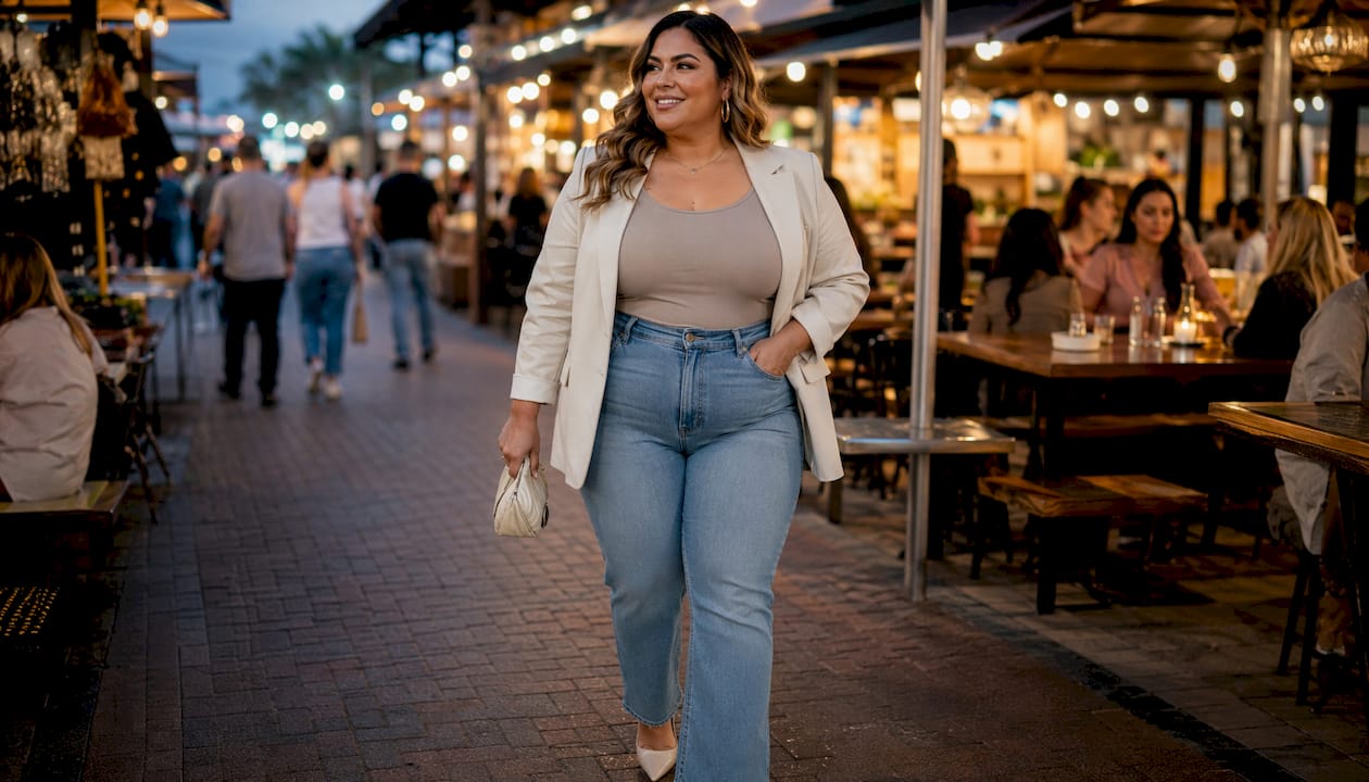 Een curvy vrouw loopt zelfverzekerd over straat in een wide leg jeans en hoge hakken.