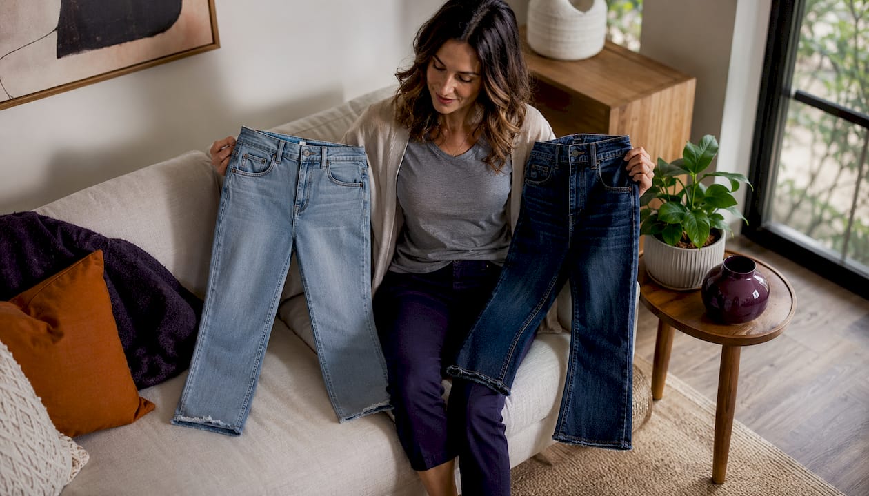 Im Schlafzimmer probiert eine Frau zwei verschiedene Cropped-Jeans an und vergleicht, welches Modell ihr besser gefällt.