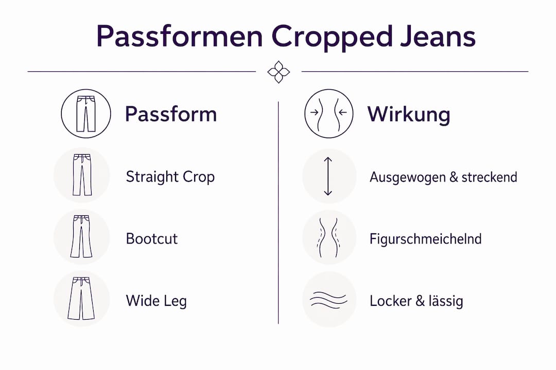 Alles, was du über die verschiedenen Schnitte und Effekte von Cropped Jeans wissen musst – anschaulich in einer Infografik dargestellt.