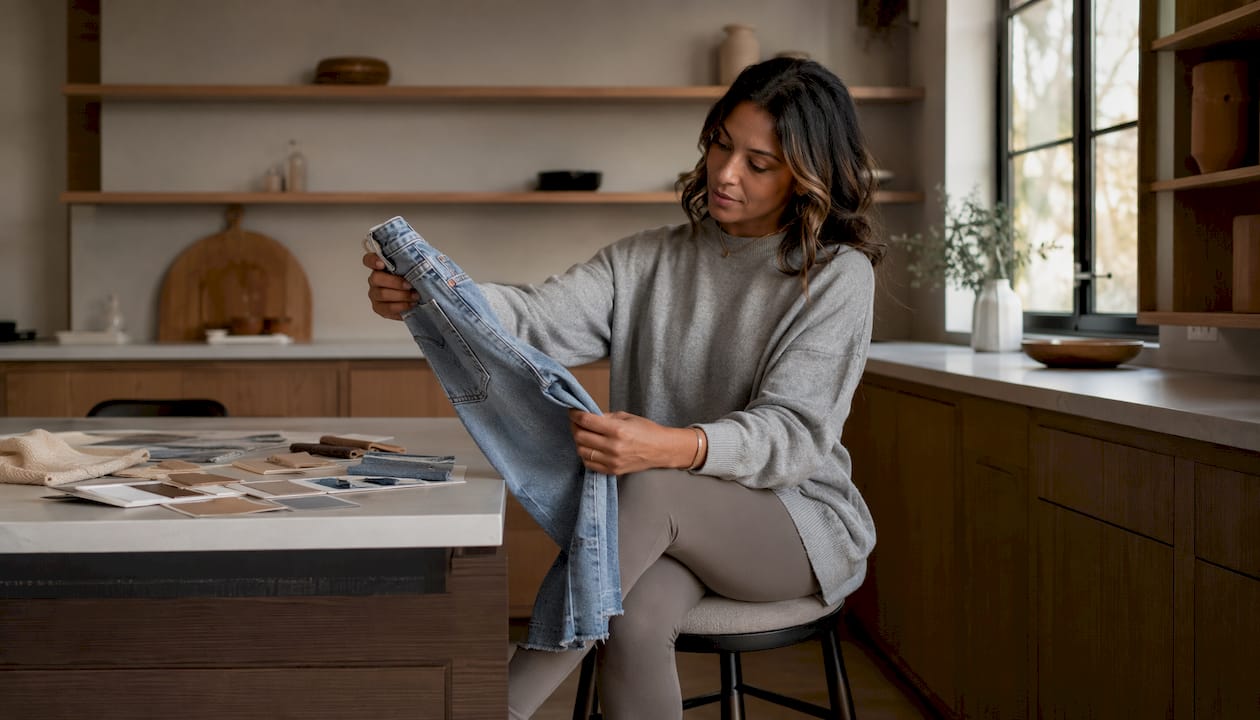Vrouw past thuis een Levi’s 501 spijkerbroek en bekijkt hem kritisch