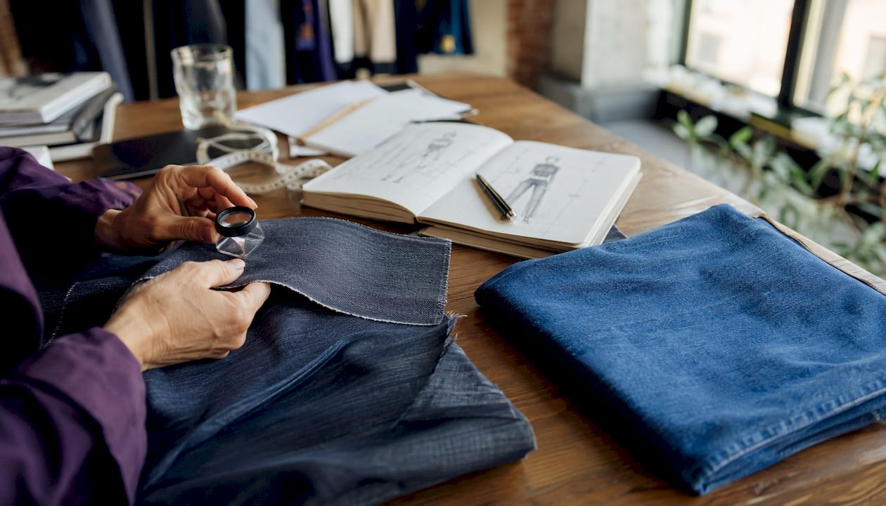 Eine Hand tastet auf einem Holztisch verschiedene Jeansstoffe aus Stretch und Baumwolle ab.