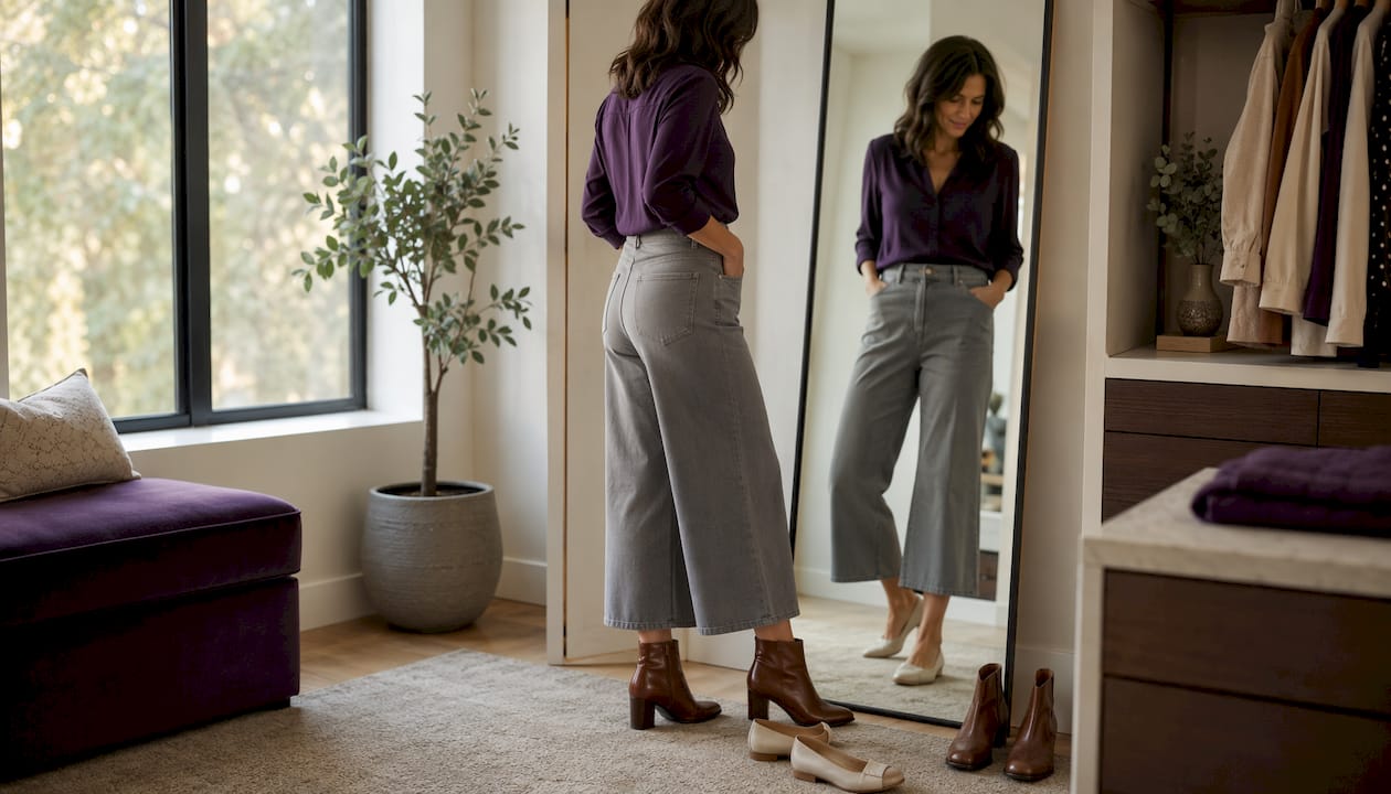 Eine Frau testet verschiedene Schuhe zu ihrer Jeans-Culotte, um das perfekte Outfit zu finden.