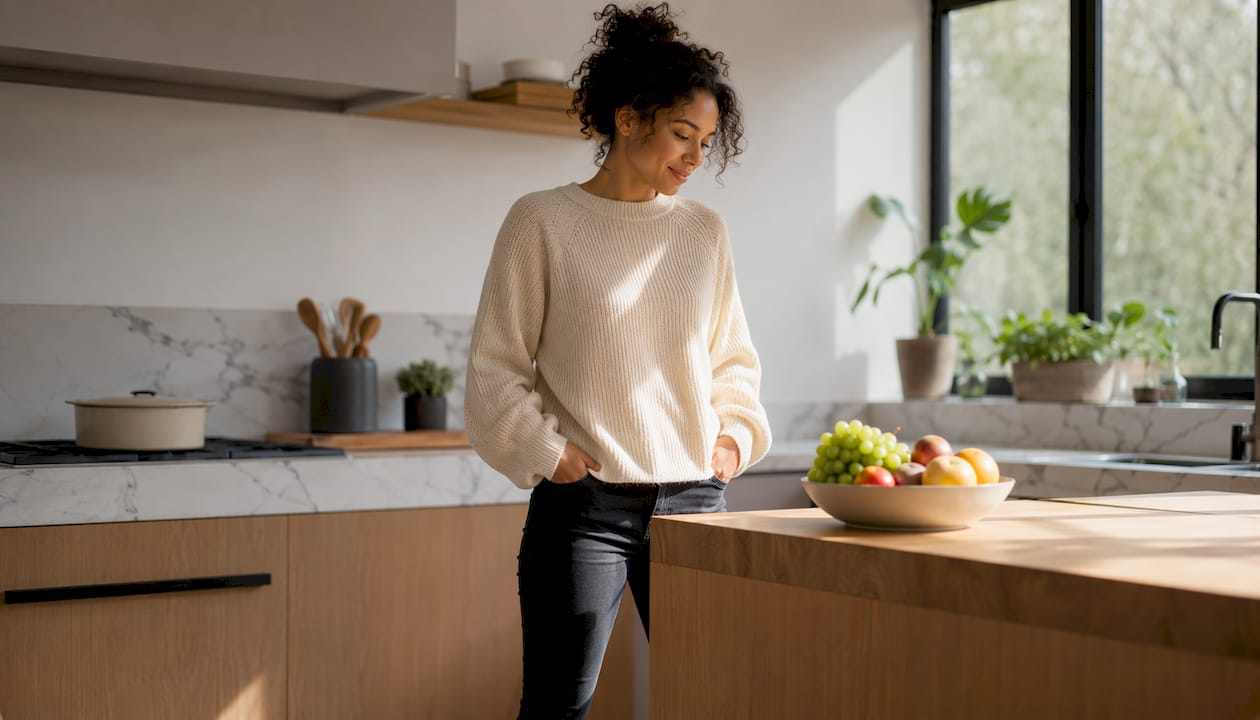 Een vrouw die thuis haar petite skinny jeans combineert met een paar hakken.