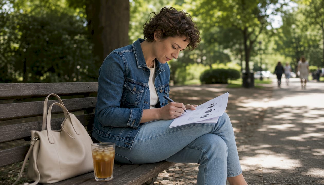 Een vrouw bekijkt buiten een lijstje met maten om te checken of haar jeans wel echt petite is.