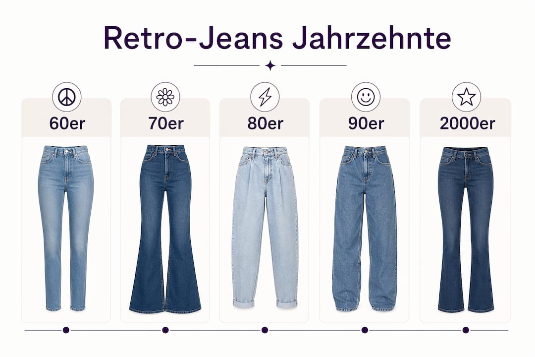 Infografik: Die Jeans-Trends der letzten Jahrzehnte im Retro-Look auf einen Blick