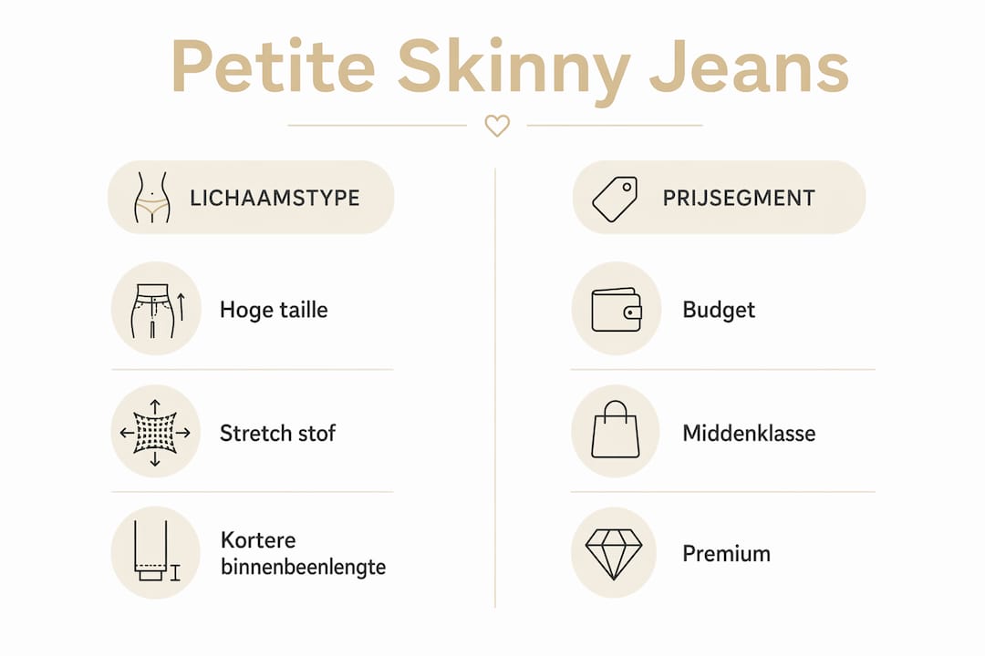 Infographic: een overzicht van de kenmerken en prijsklassen van skinny jeans voor kleine vrouwen