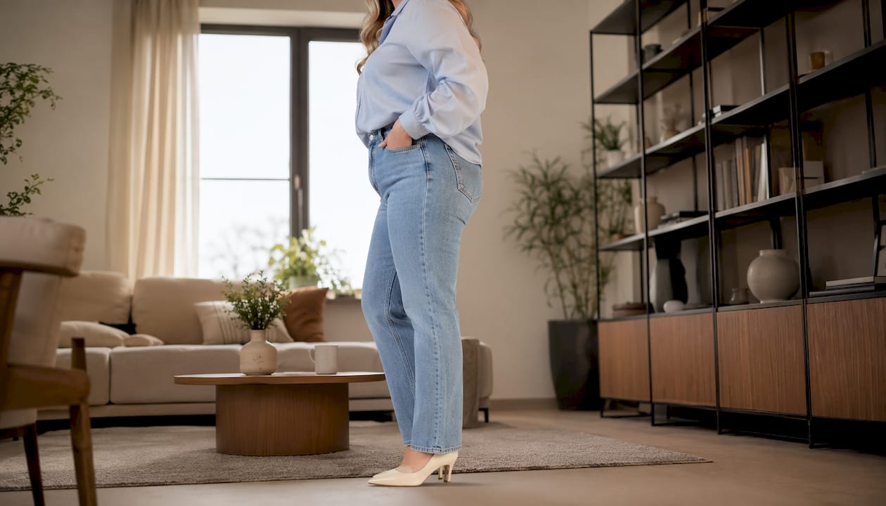 Studioportret van een vrouw met een appelfiguur, gekleed in een high-waist jeans