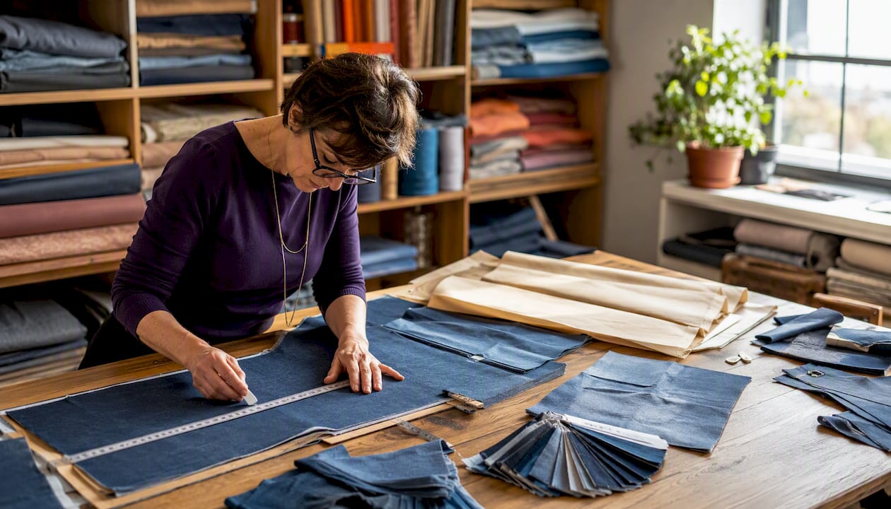 Eine Schneiderin nimmt Maß an einem elastischen Jeansstoff.