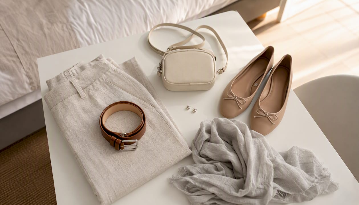 Een stijlvolle flatlay: linnen broek gecombineerd met trendy accessoires