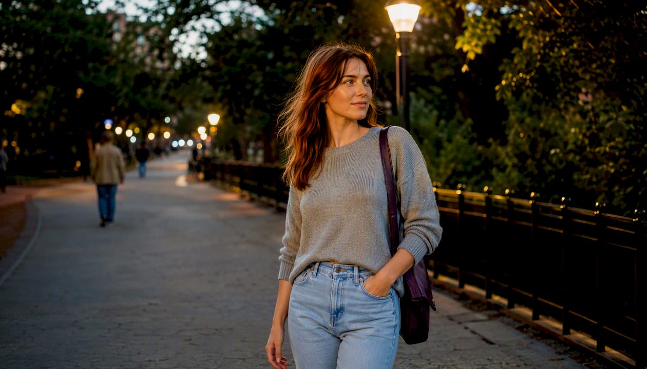 Eine Frau genießt den Tag im Freien, gekleidet in einen feinen Strickpullover und einer angesagten High-Waist-Jeans.