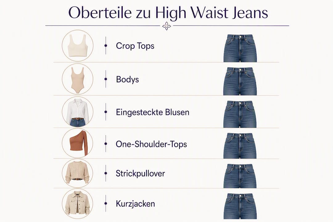 Diese Infografik präsentiert verschiedene Oberteil-Varianten, die perfekt zu High-Waist-Jeans passen.