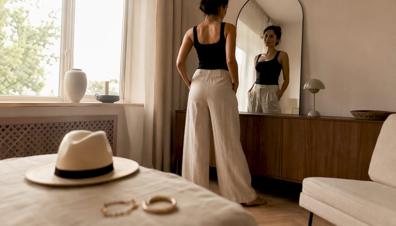 Thuis kiest een vrouw voor een comfortabele look met een linnen broek en een luchtig topje.