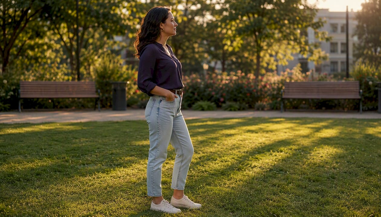 Eine Frau präsentiert ihre Schuhe, während sie in hochgekrempelten Mom-Jeans durch die Stadt spaziert.