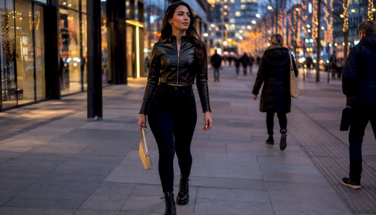 Een vrouw loopt buiten in een stoere outfit: zwarte jeans en een leren jasje.