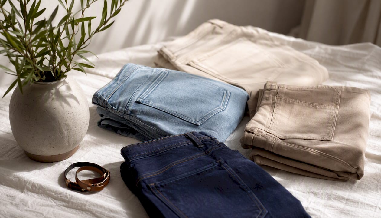 Ordentlich gefaltete Jeans in Weiß, Blau und erdigen Farbtönen, ansprechend als Flatlay arrangiert.