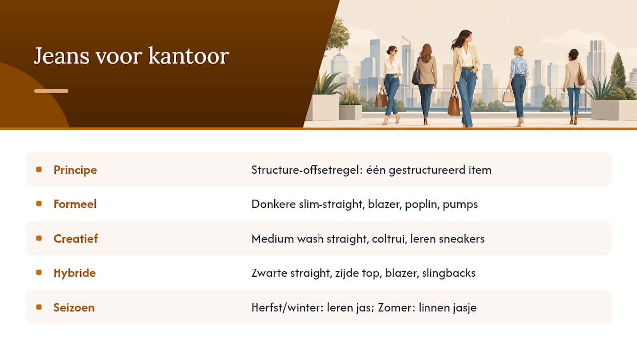 Hoe combineer je jeans voor kantoor: outfit-templates per situatie — overview diagram