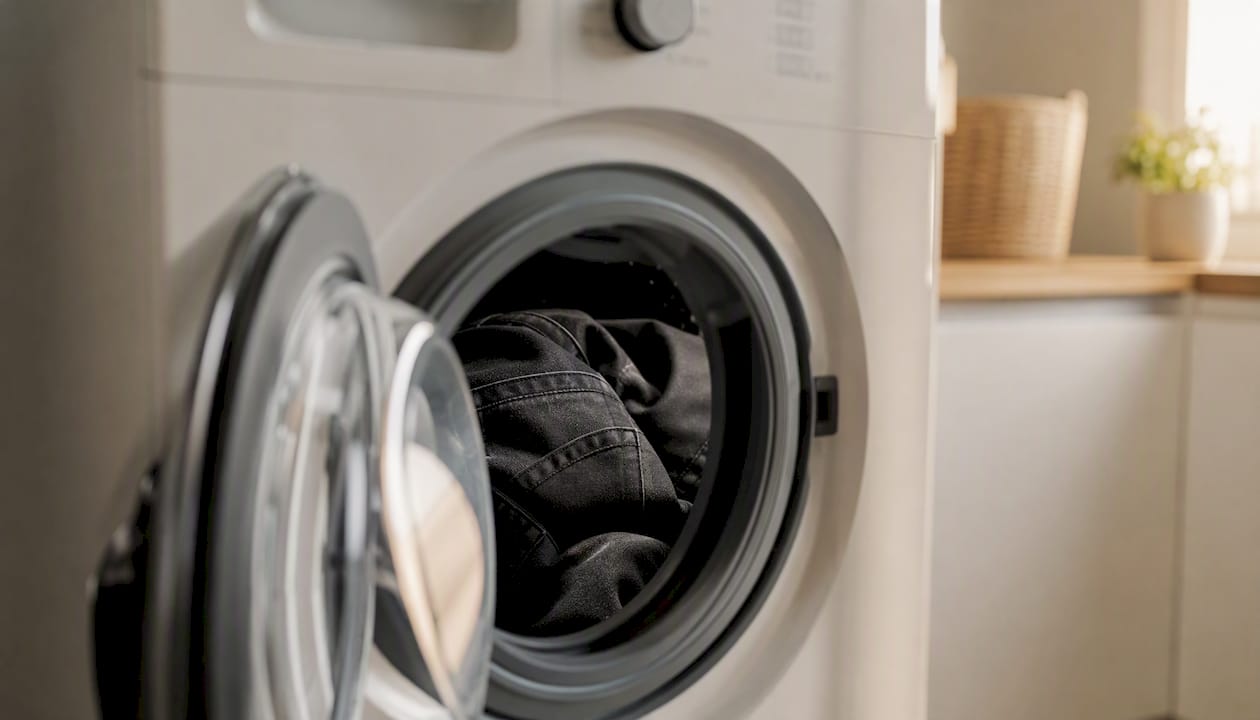 Zwarte stretchjeans wassen op het fijne wasprogramma in de wasmachine.
