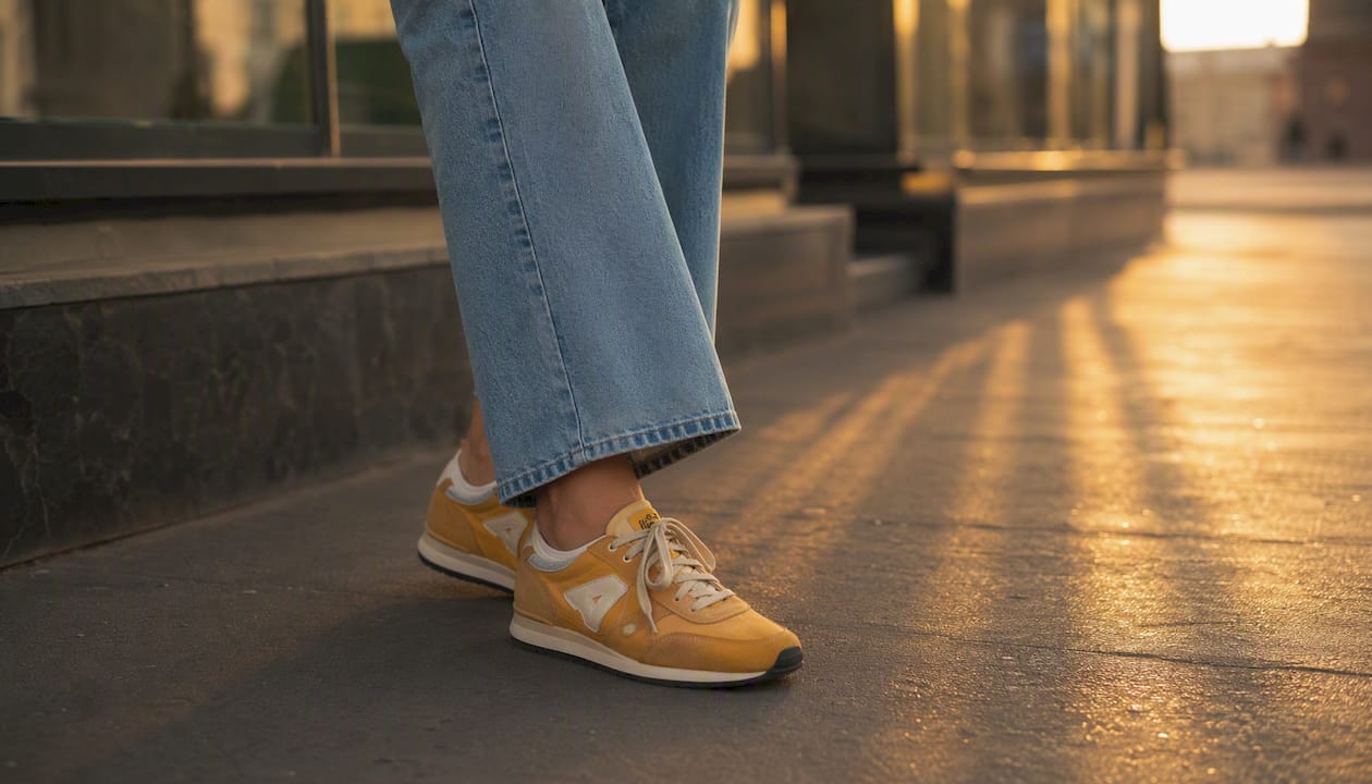Witte retro sneakers onder een jeans met een korte, uitlopende pijp