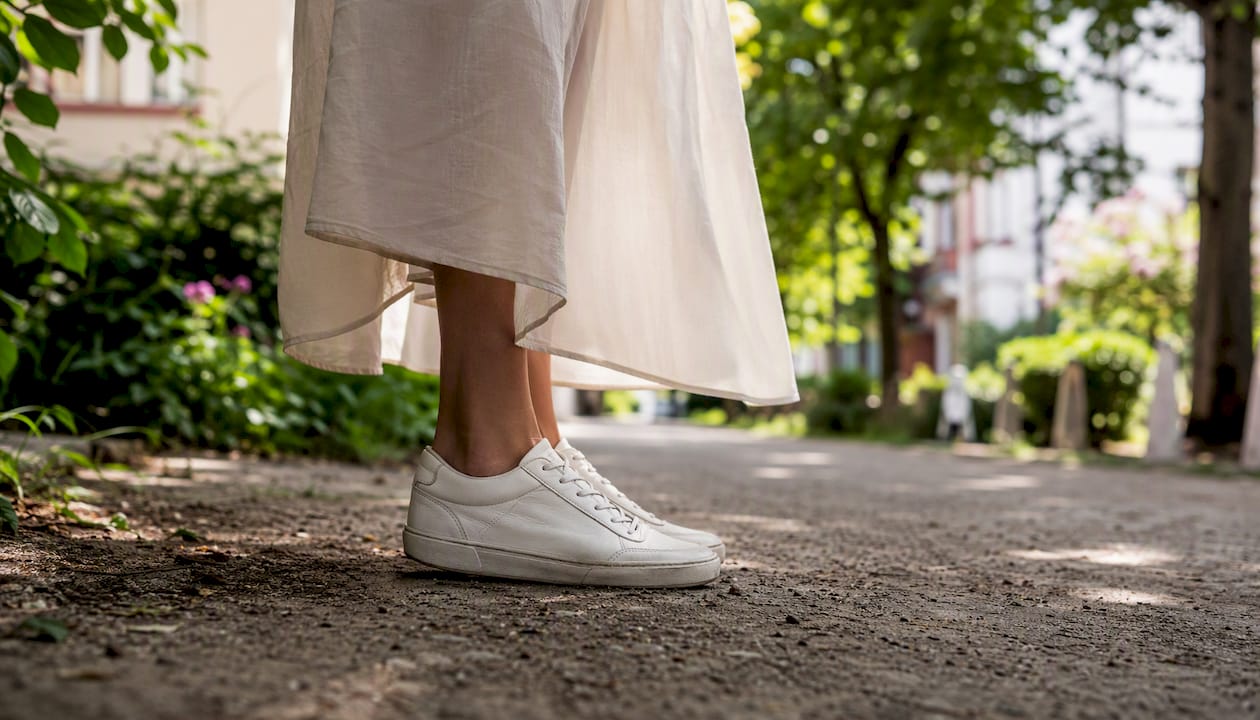 Witte leren sneakers op het trottoir