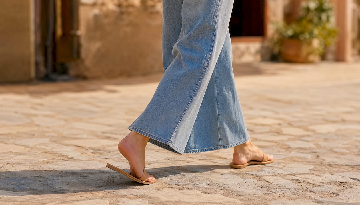 Weit geschnittene, verkürzte Jeans, die an einem Sommertag im Freien herrlich luftig sind.