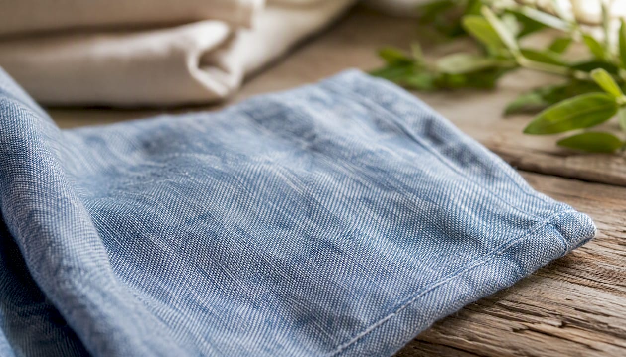 Nahaufnahme der Oberflächenstruktur eines Denim-Stoffs aus Leinen und Tencel