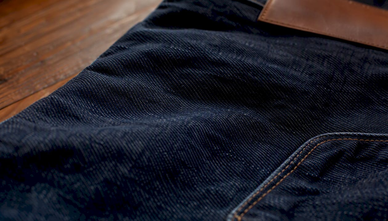 Jeansstoff aus nächster Nähe betrachtet: Die feine Struktur und die markanten Fasern sind deutlich zu erkennen.