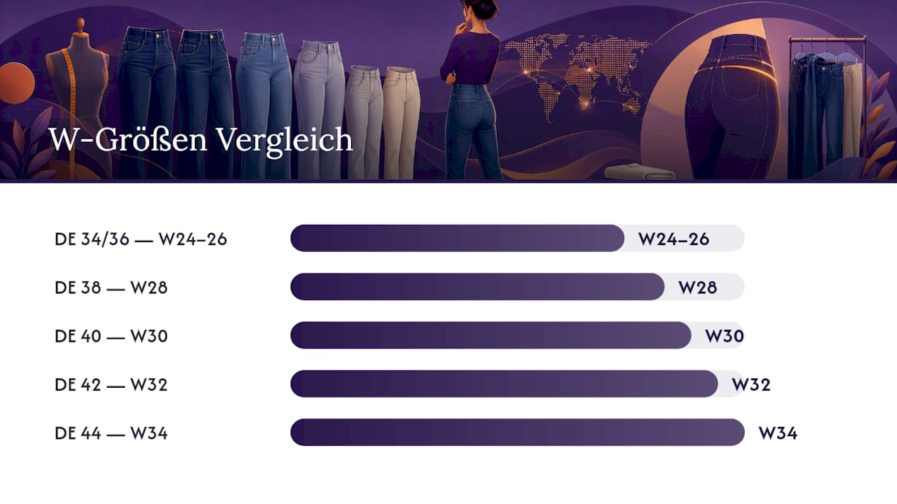 Übersichtstabelle: Jeansgrößen im Vergleich – W/L-Angaben, Zentimetermaße und deutsche Konfektionsgrößen auf einen Blick