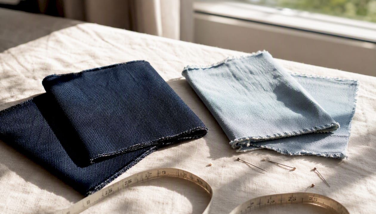 Vergleich von Denim-Stoffmustern in unterschiedlichen Materialstärken – von leicht bis schwer